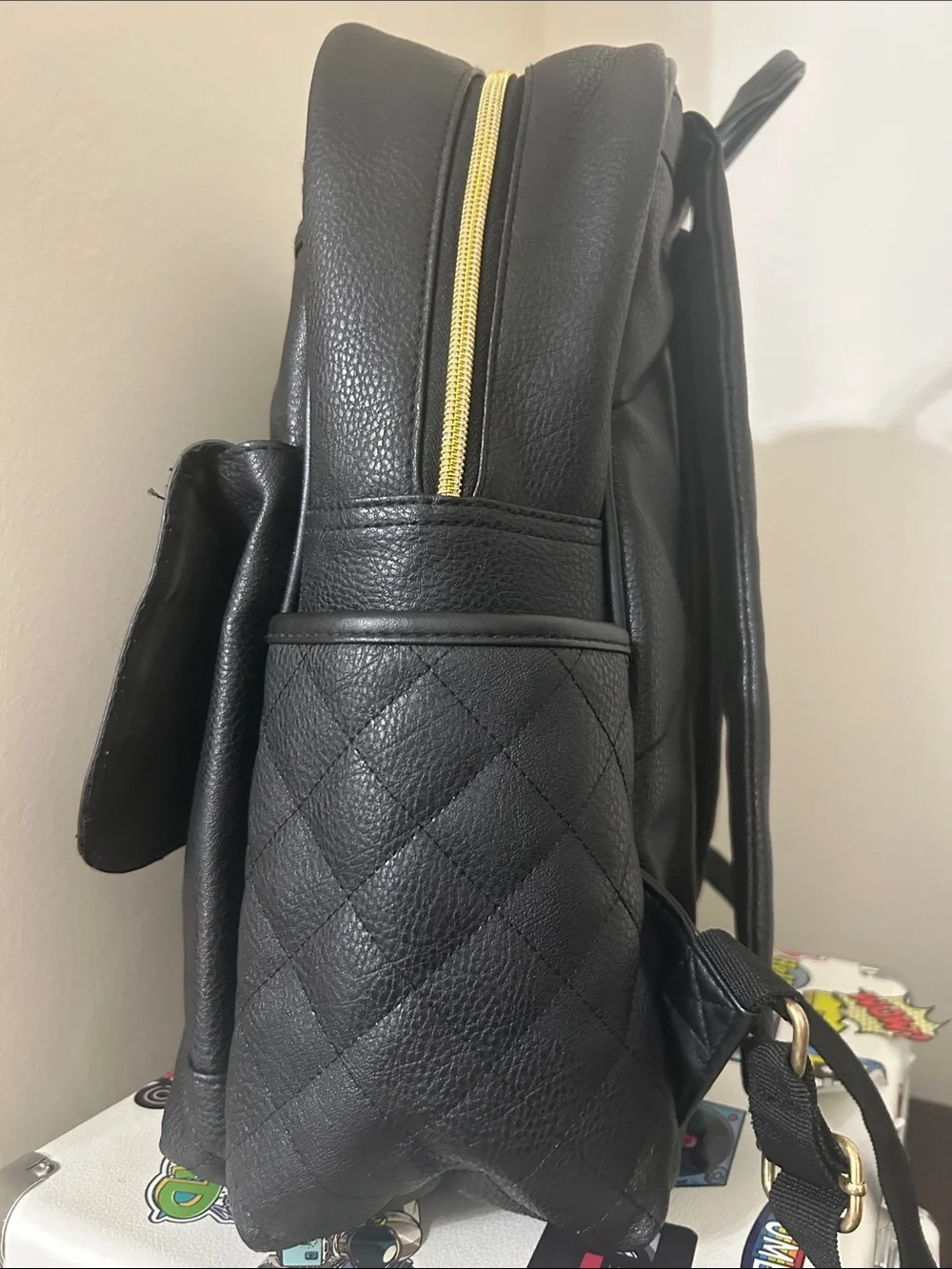 Nicole Miller Black Quilted Backpack with Gold Accents